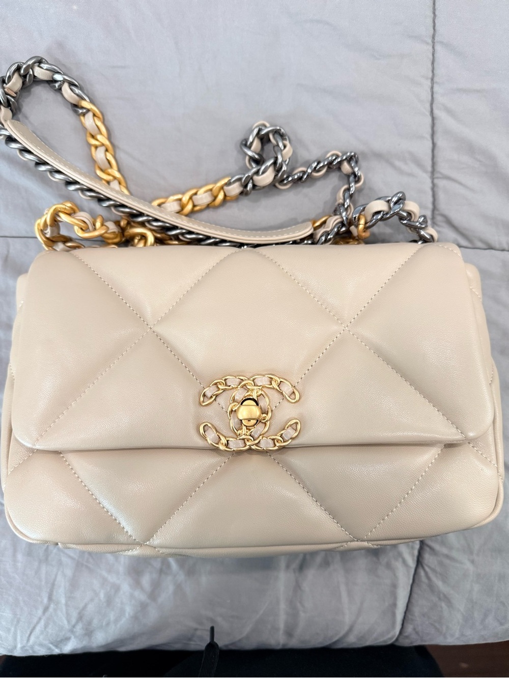 Women’s Beige Quilted Lambskin Shoulder Bag with Gold-Tone Hardware